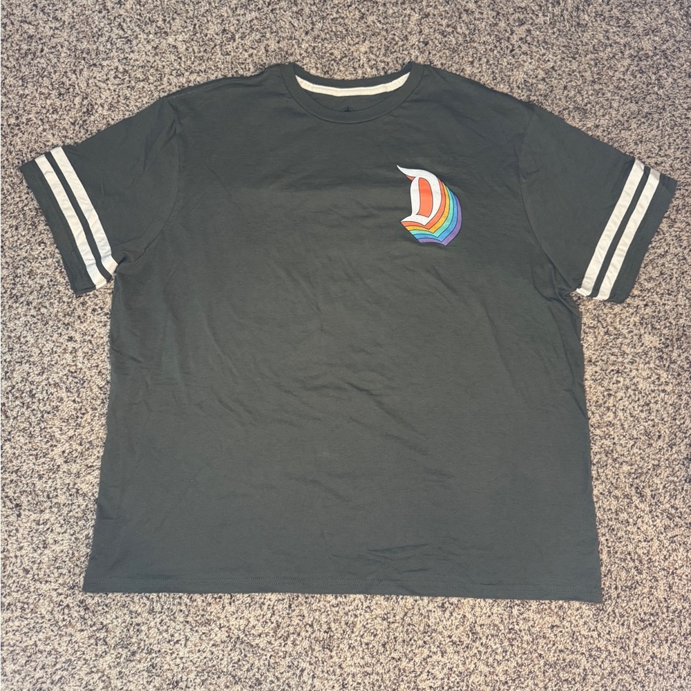 Disneyland Authentic Retro Olive Green Rainbow Varsity Tee Shirt